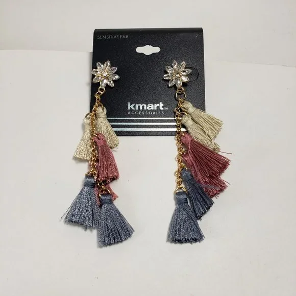 NWT Gold tone Multi color Drop Dangle Crystal Tassel Earrings - Picture 5 of 7